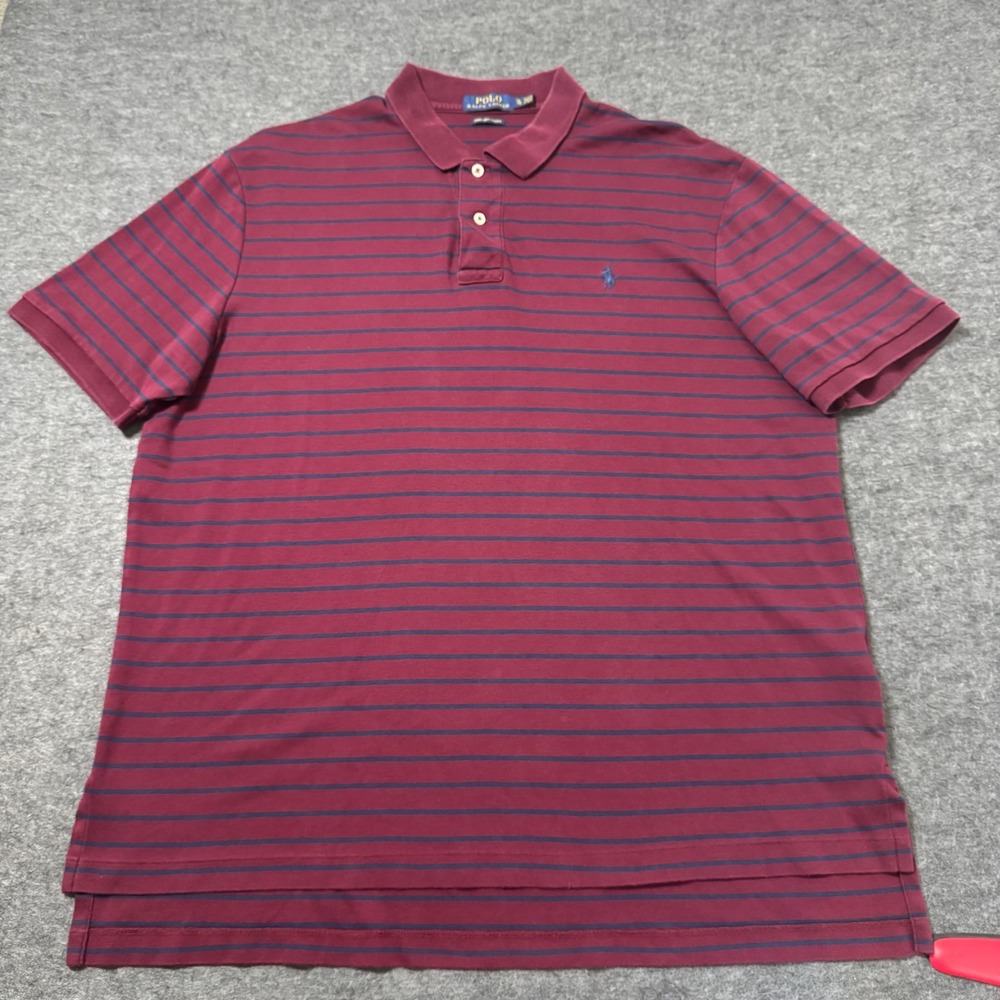 Polo Ralph Lauren Mens XL Pima Soft Touch Polo Shirt Burgundy Navy Blue Striped
